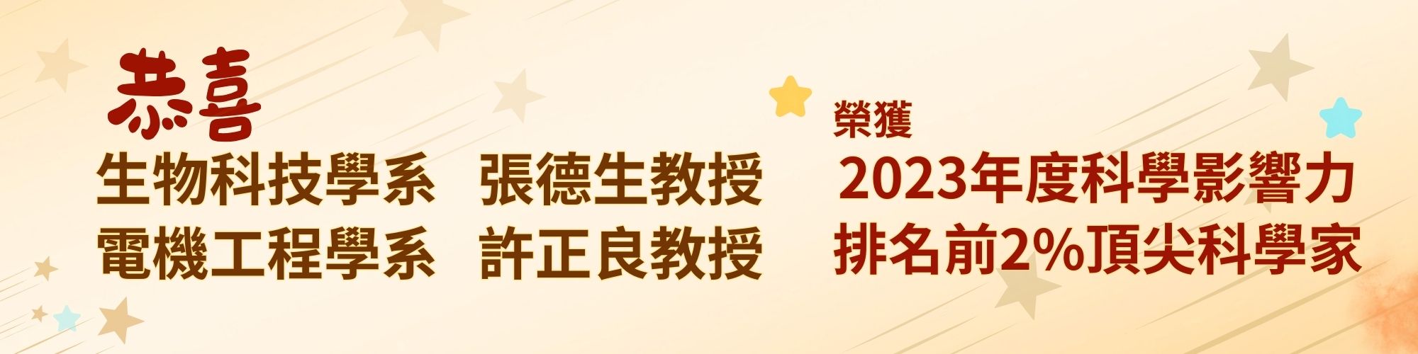 賀！生物科技學系張德生教授及電機工程學系許正良教授入榜「2023年度科學影響力」排名前2%頂尖科學家名單