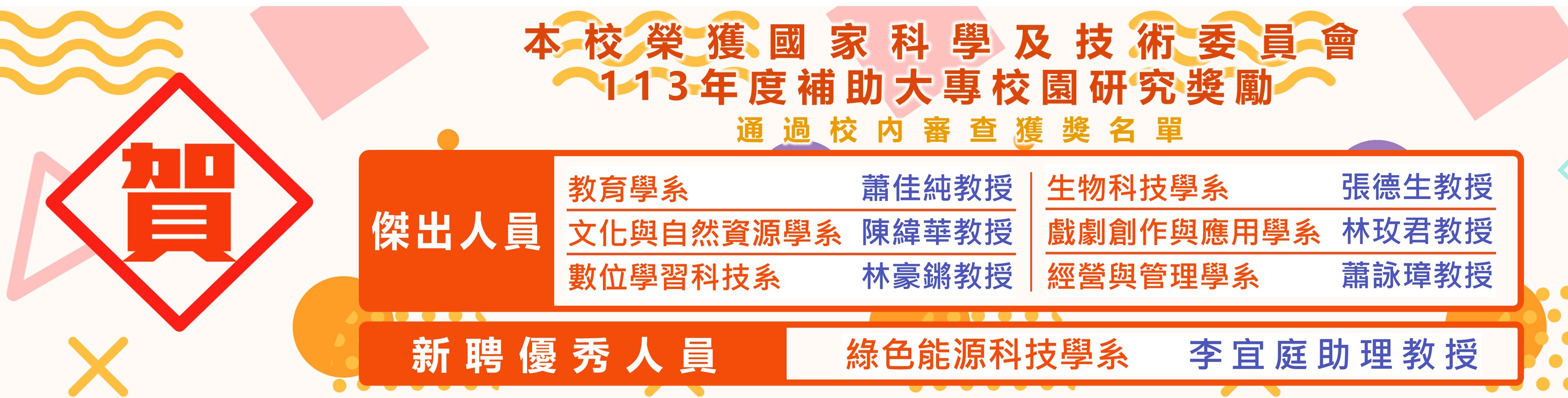 賀!本校22位教師榮獲國科會113年度補助大專校院研究獎勵案