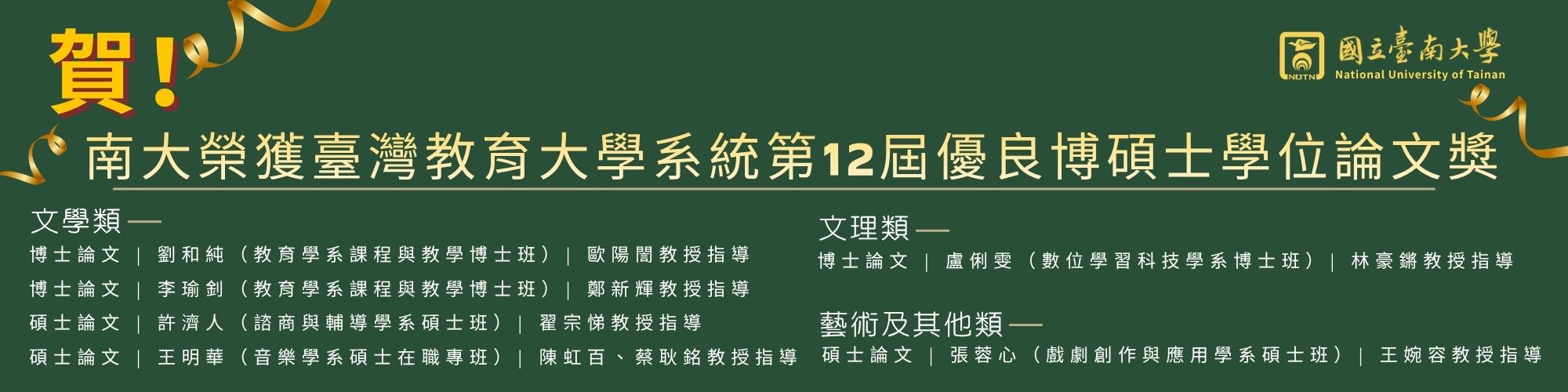 賀！南大榮獲臺灣教育大學系統第12屆優良博碩士學位論文獎
